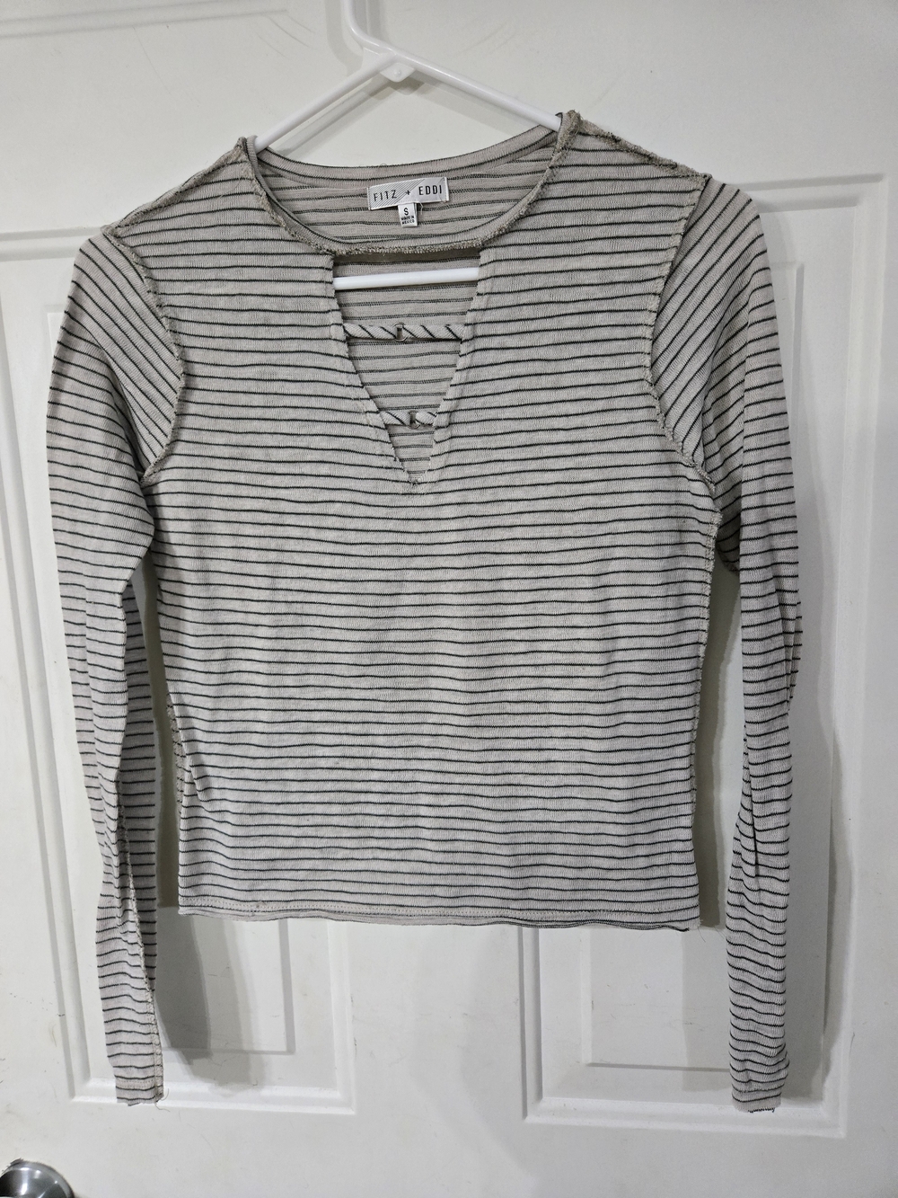 Cream Striped Long-Sleeve V-Notch Tee